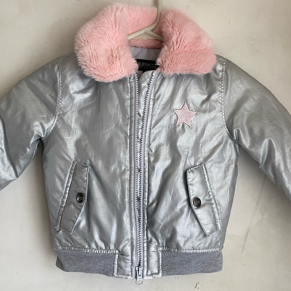 Girls 2T Silver Jacket with Pink Faux Fur Collar & Star Patch